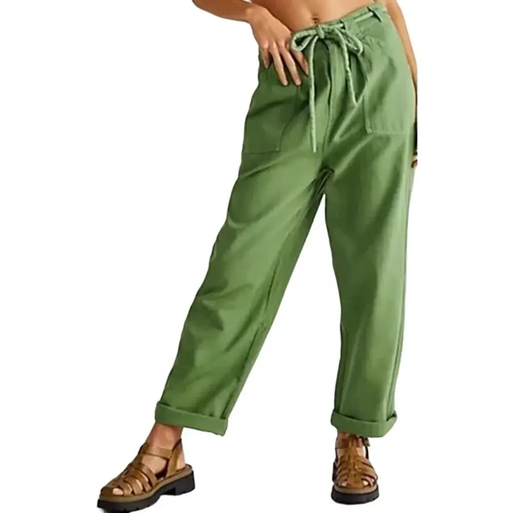 Free People Lights Down Rolled Tapered Leg Pants Relaxed Fit Belted Green Large